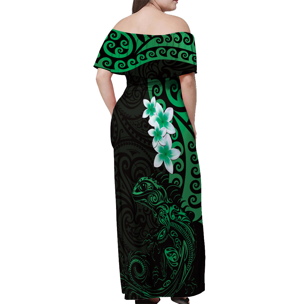 New Zealand Tuatara Plumeria Off Shoulder Maxi Dress Maori Green Koru Tribal Tattoo LT01 - Polynesian Pride