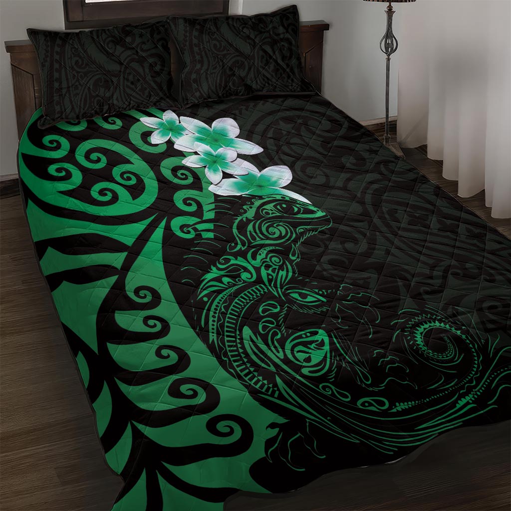 New Zealand Tuatara Plumeria Quilt Bed Set Maori Green Koru Tribal Tattoo LT01 Green - Polynesian Pride