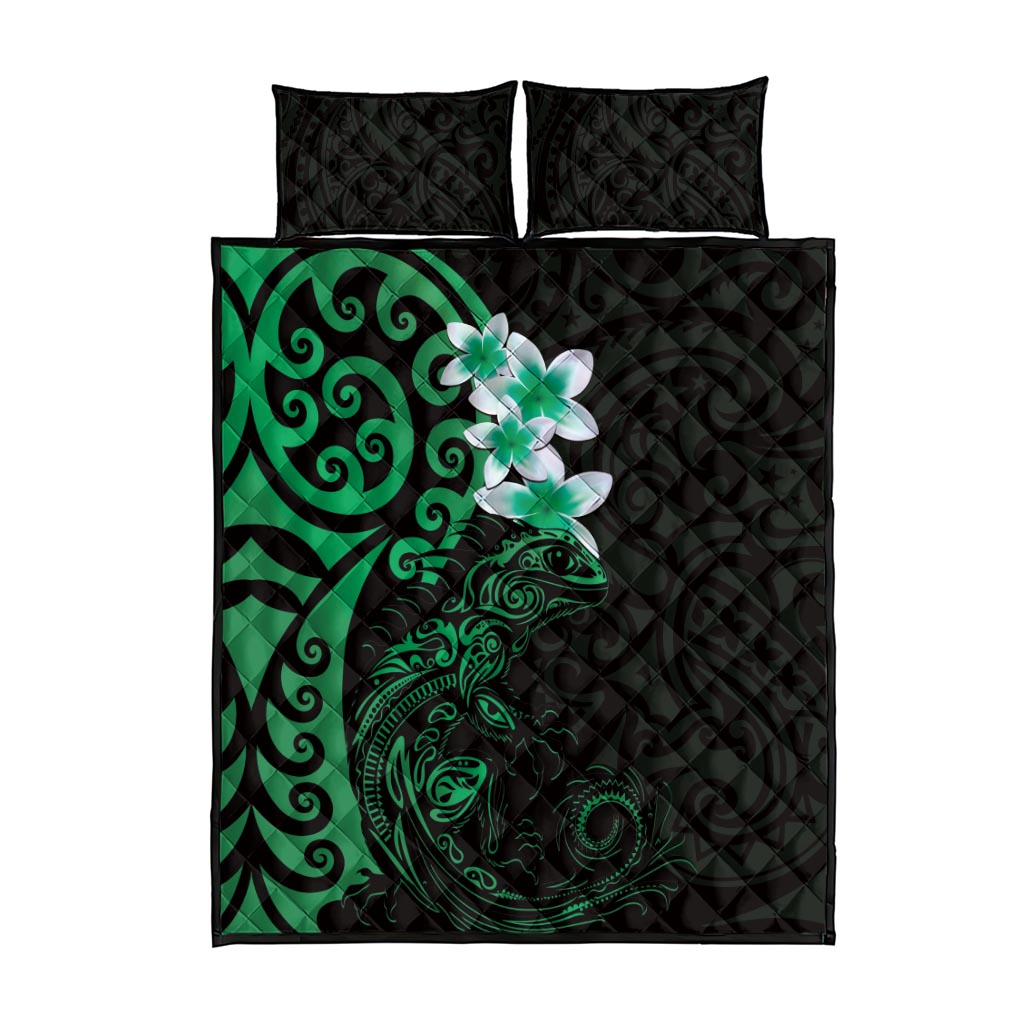 New Zealand Tuatara Plumeria Quilt Bed Set Maori Green Koru Tribal Tattoo LT01 - Polynesian Pride