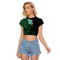 New Zealand Tuatara Plumeria Raglan Cropped T Shirt Maori Green Koru Tribal Tattoo
