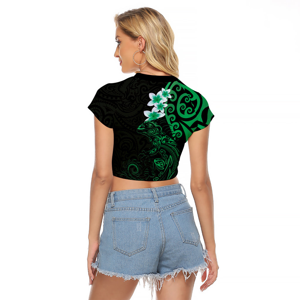 New Zealand Tuatara Plumeria Raglan Cropped T Shirt Maori Green Koru Tribal Tattoo