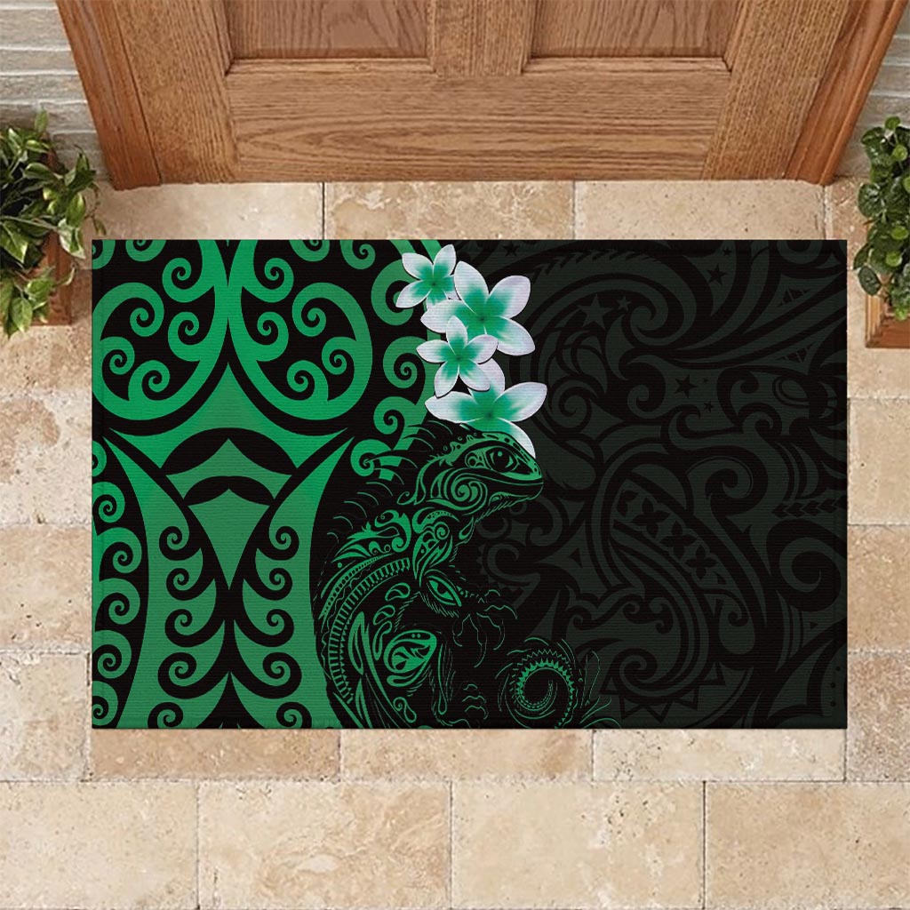 New Zealand Tuatara Plumeria Rubber Doormat Maori Green Koru Tribal Tattoo