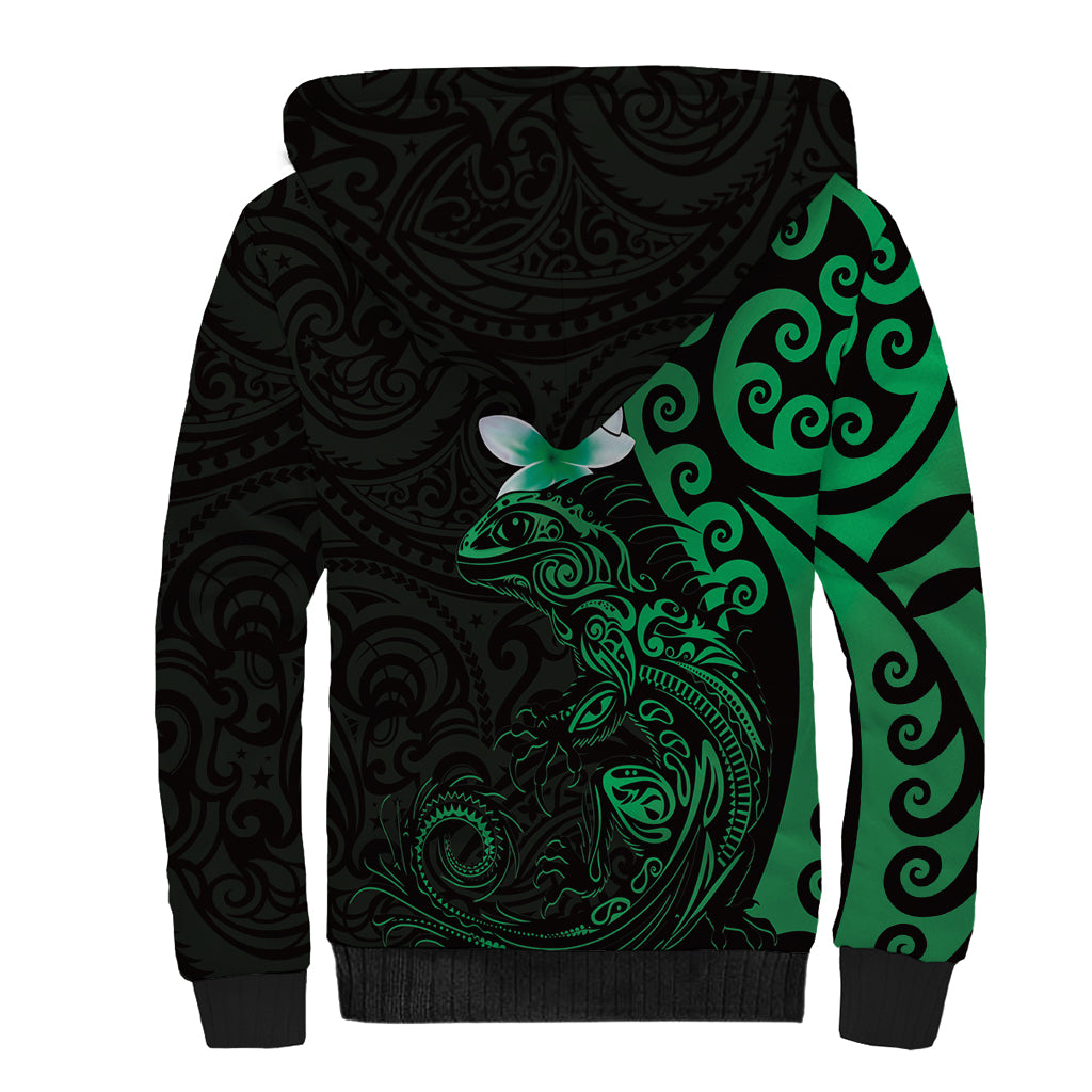 New Zealand Tuatara Plumeria Sherpa Hoodie Maori Green Koru Tribal Tattoo LT01 - Polynesian Pride