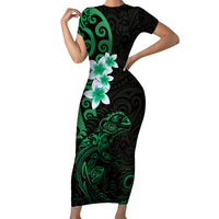 New Zealand Tuatara Plumeria Short Sleeve Bodycon Dress Maori Green Koru Tribal Tattoo LT01 Long Dress Green - Polynesian Pride