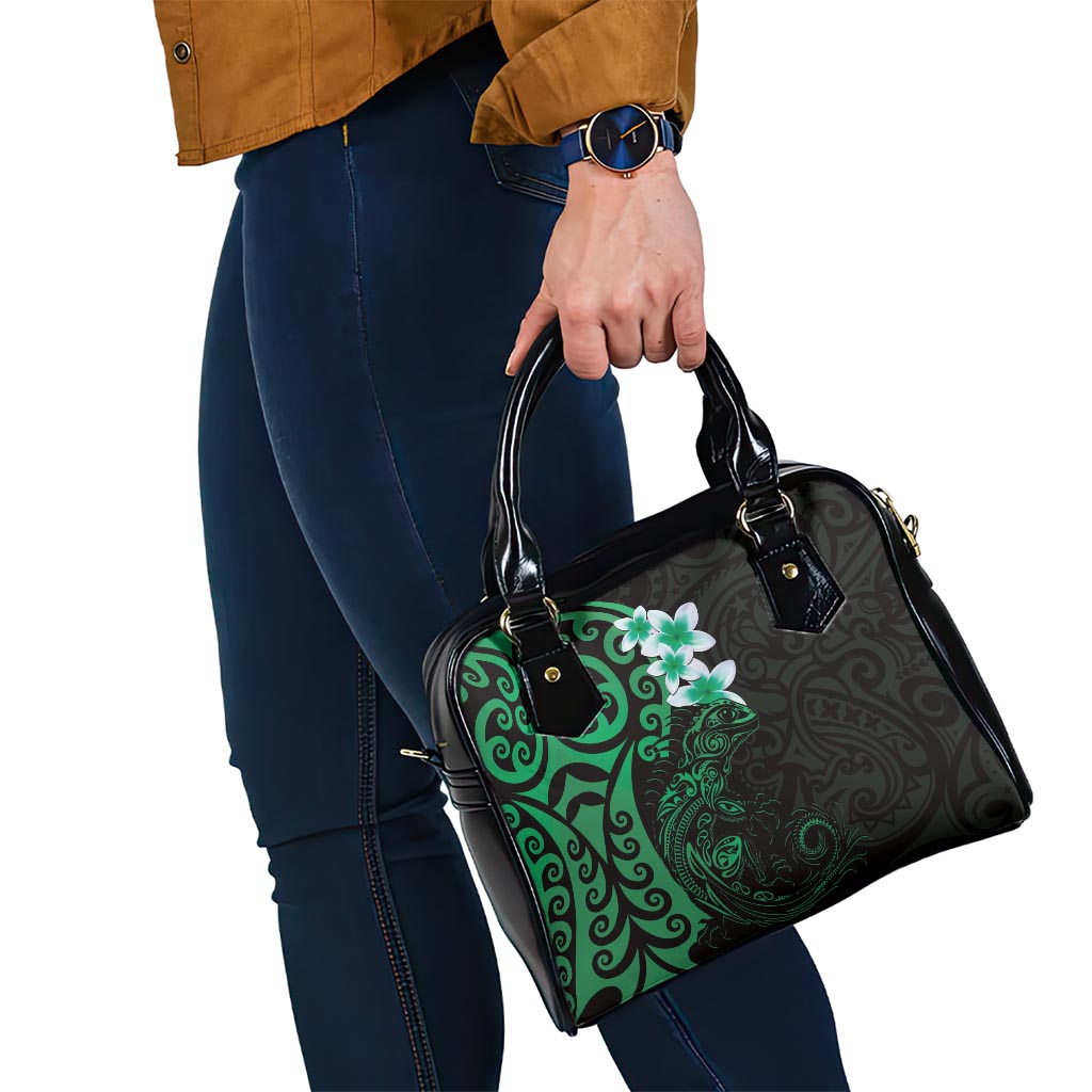 New Zealand Tuatara Plumeria Shoulder Handbag Maori Green Koru Tribal Tattoo