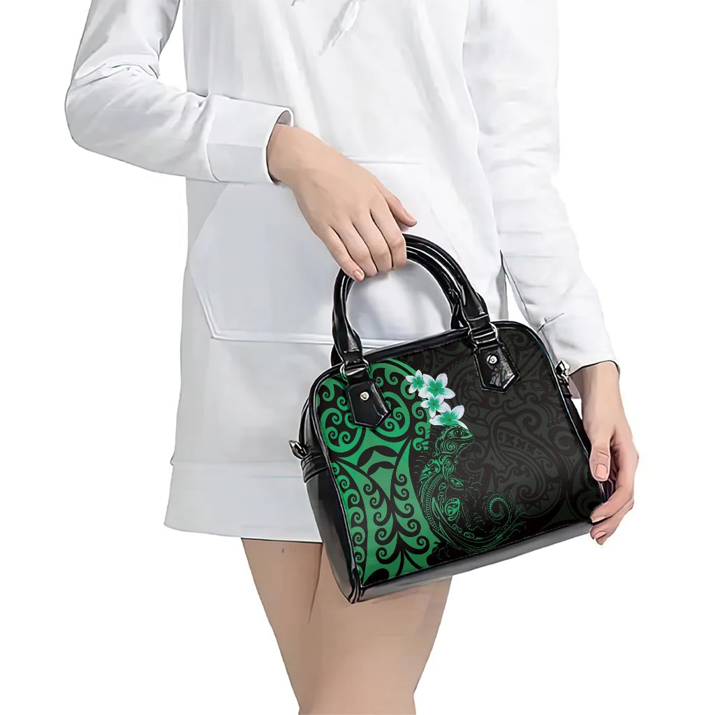 New Zealand Tuatara Plumeria Shoulder Handbag Maori Green Koru Tribal Tattoo