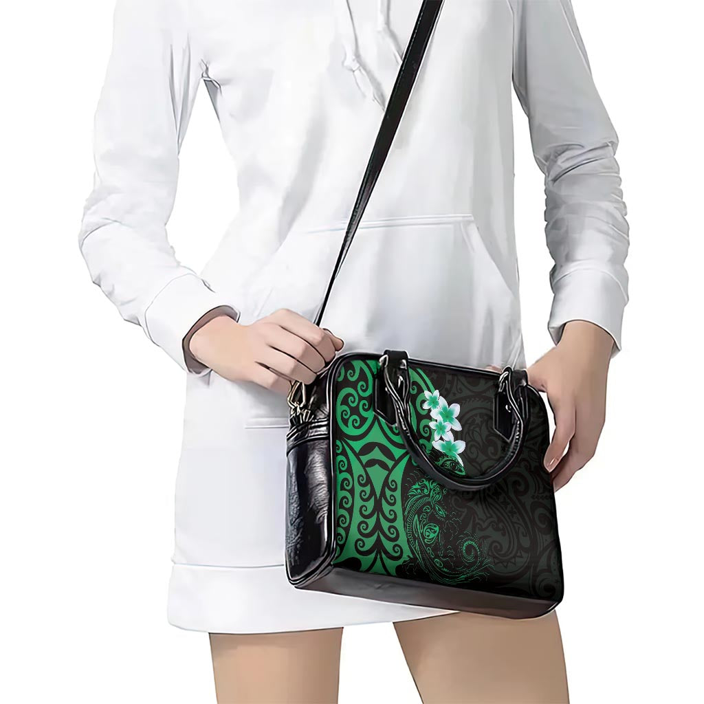 New Zealand Tuatara Plumeria Shoulder Handbag Maori Green Koru Tribal Tattoo