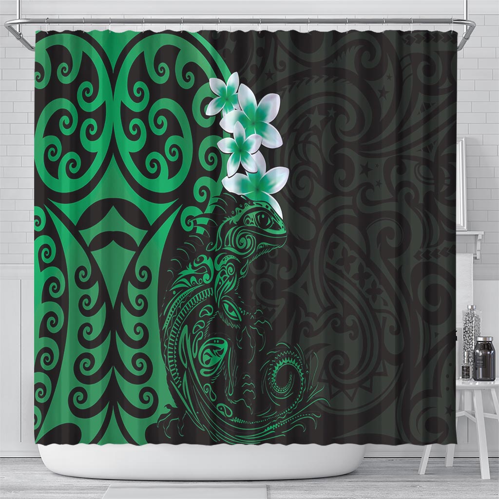 New Zealand Tuatara Plumeria Shower Curtain Maori Green Koru Tribal Tattoo LT01 - Polynesian Pride