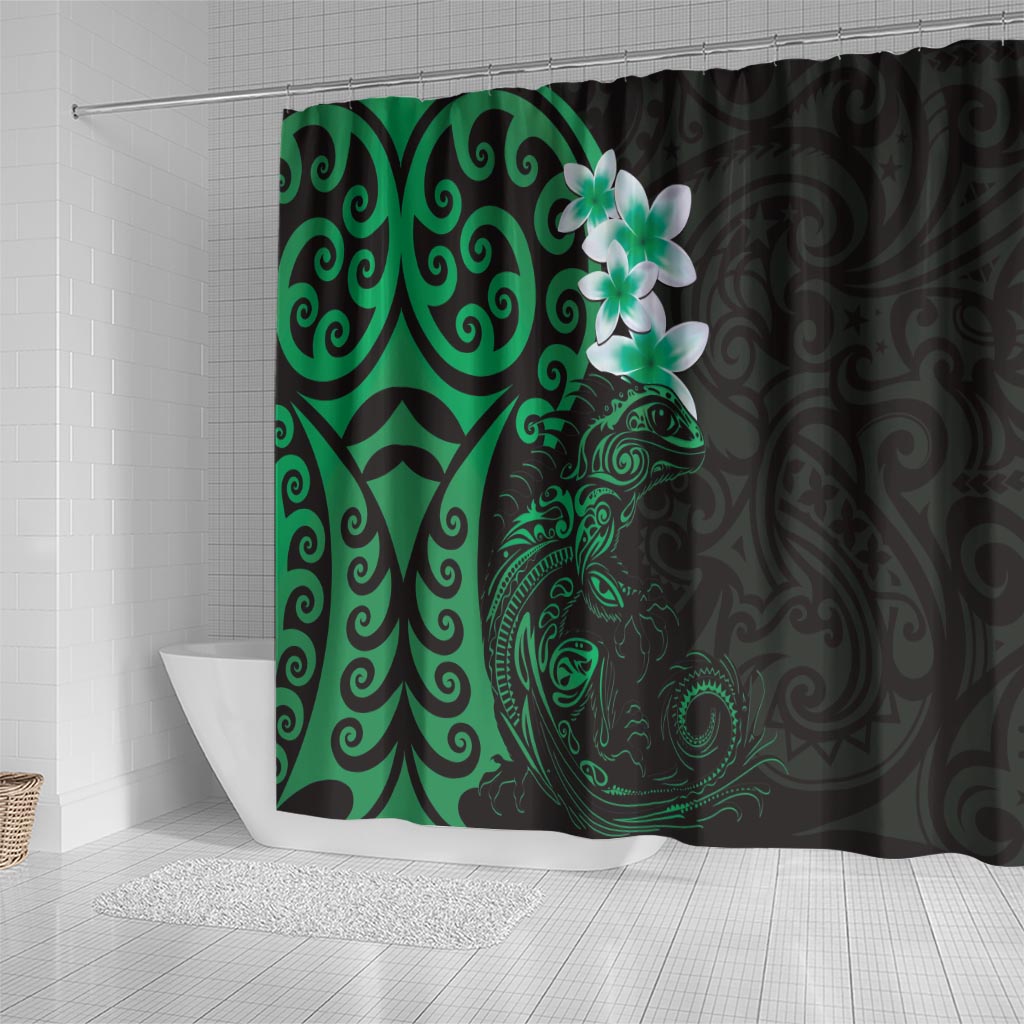 New Zealand Tuatara Plumeria Shower Curtain Maori Green Koru Tribal Tattoo LT01 - Polynesian Pride