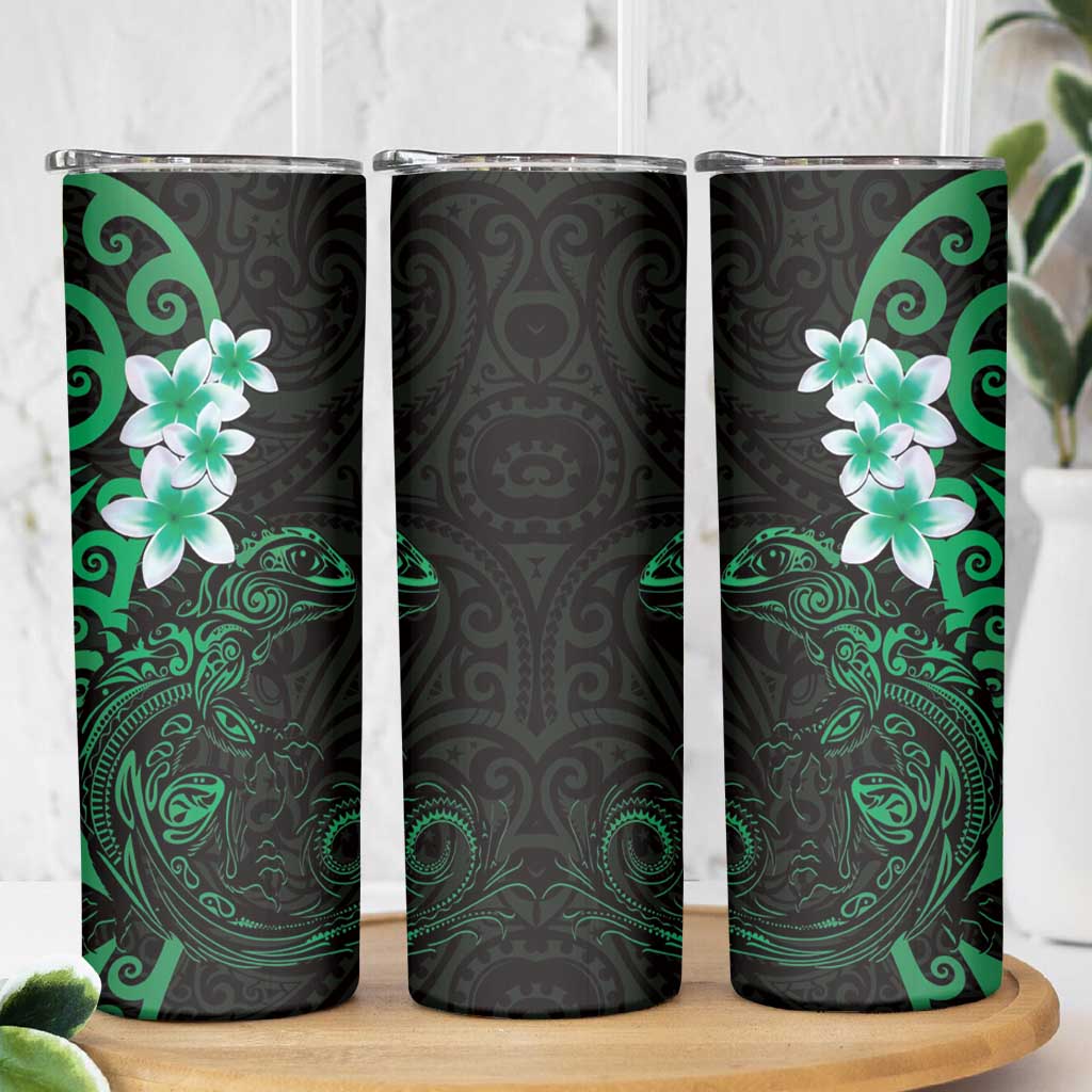 New Zealand Tuatara Plumeria Skinny Tumbler Maori Green Koru Tribal Tattoo LT01 - Polynesian Pride