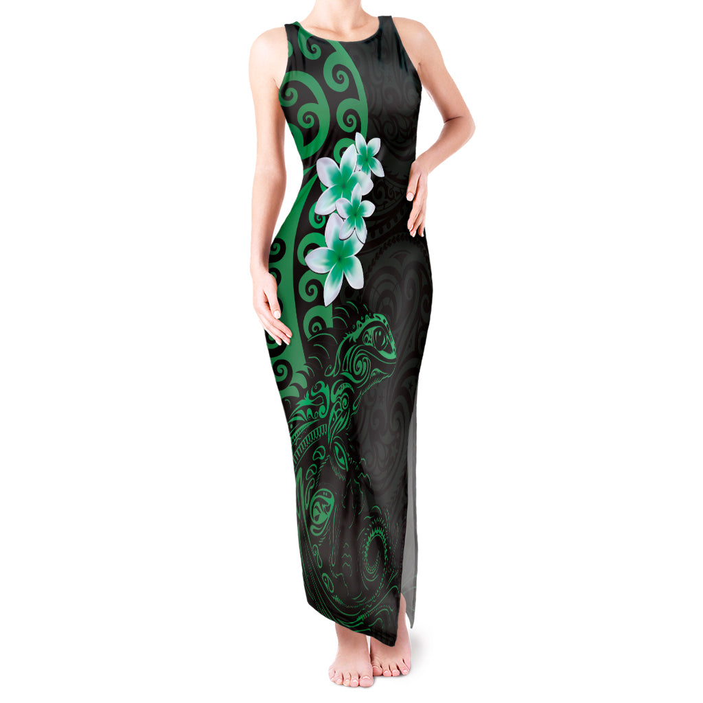 New Zealand Tuatara Plumeria Tank Maxi Dress Maori Green Koru Tribal Tattoo LT01 Women Green - Polynesian Pride