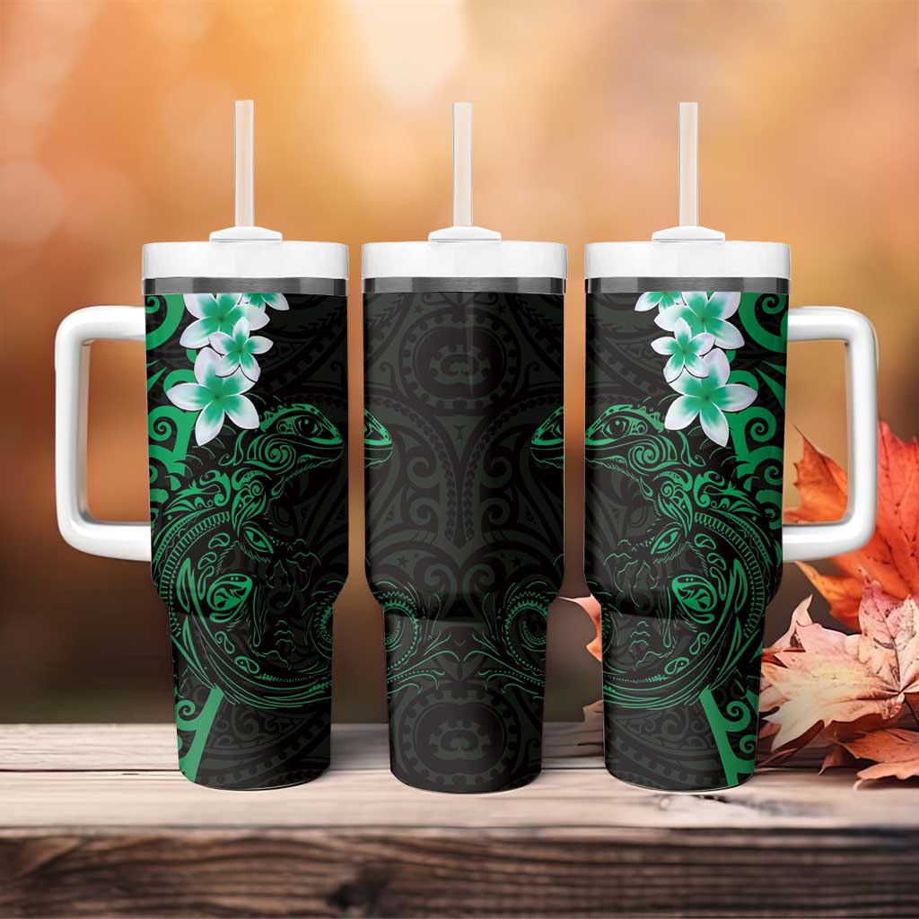 New Zealand Tuatara Plumeria Tumbler With Handle Maori Green Koru Tribal Tattoo LT01 - Polynesian Pride