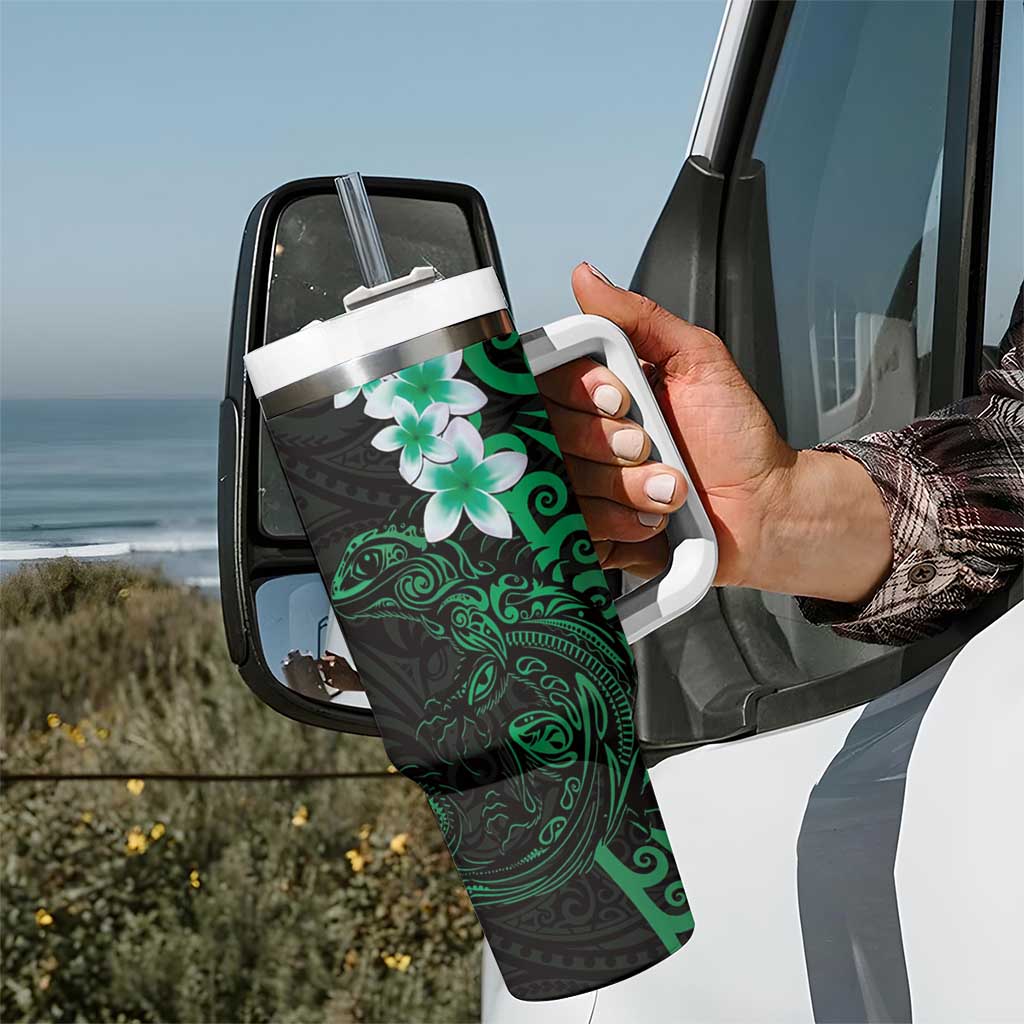 New Zealand Tuatara Plumeria Tumbler With Handle Maori Green Koru Tribal Tattoo LT01 - Polynesian Pride