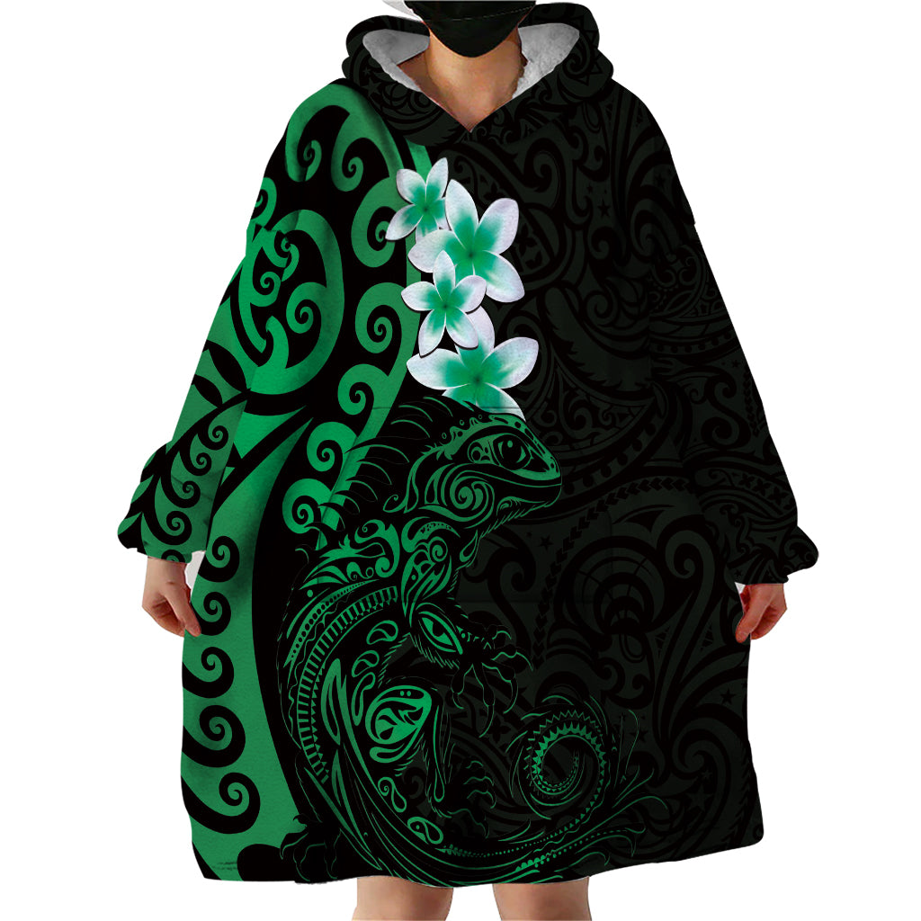 New Zealand Tuatara Plumeria Wearable Blanket Hoodie Maori Green Koru Tribal Tattoo LT01 - Polynesian Pride