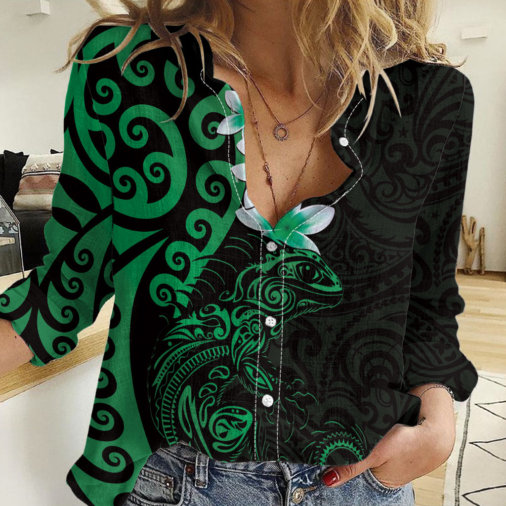 New Zealand Tuatara Plumeria Women Casual Shirt Maori Green Koru Tribal Tattoo LT01 Female Green - Polynesian Pride