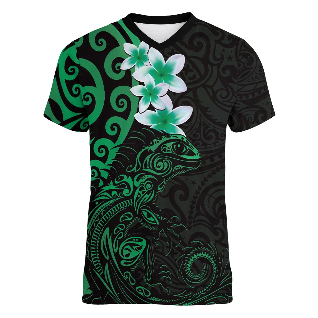 New Zealand Tuatara Plumeria Women V-Neck T-Shirt Maori Green Koru Tribal Tattoo