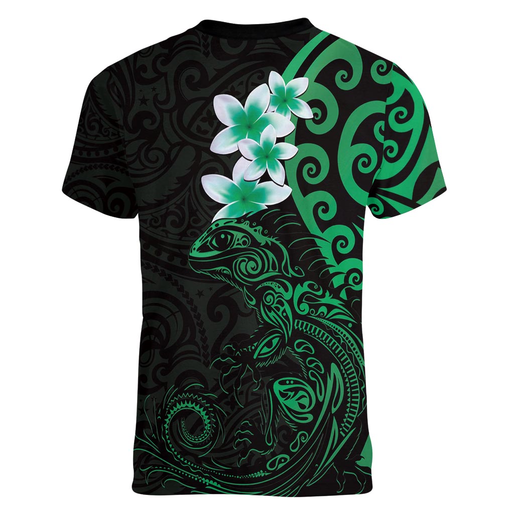 New Zealand Tuatara Plumeria Women V-Neck T-Shirt Maori Green Koru Tribal Tattoo