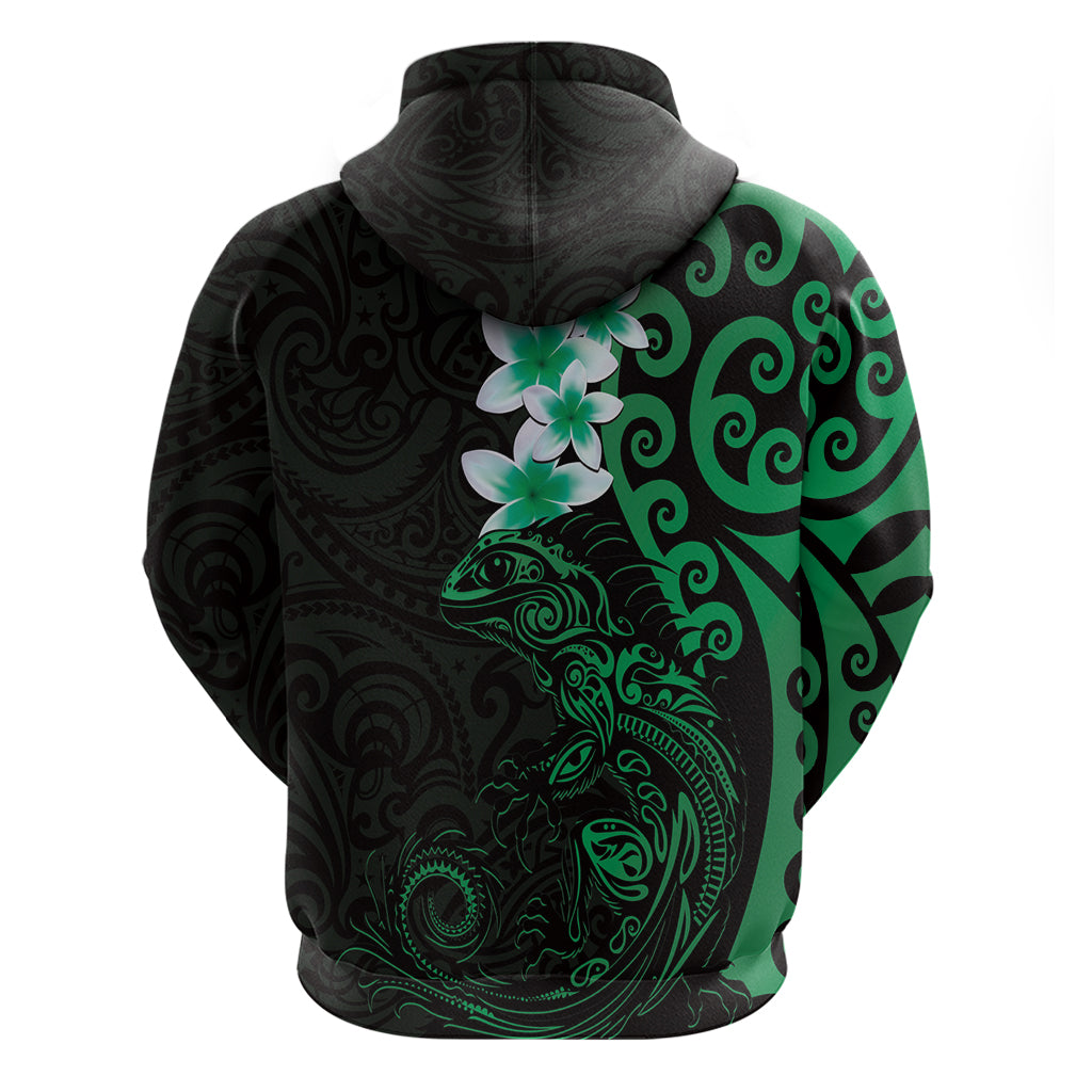 New Zealand Tuatara Plumeria Zip Hoodie Maori Green Koru Tribal Tattoo LT01 - Polynesian Pride