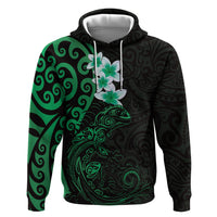 New Zealand Tuatara Plumeria Zip Hoodie Maori Green Koru Tribal Tattoo LT01 Pullover Hoodie Green - Polynesian Pride