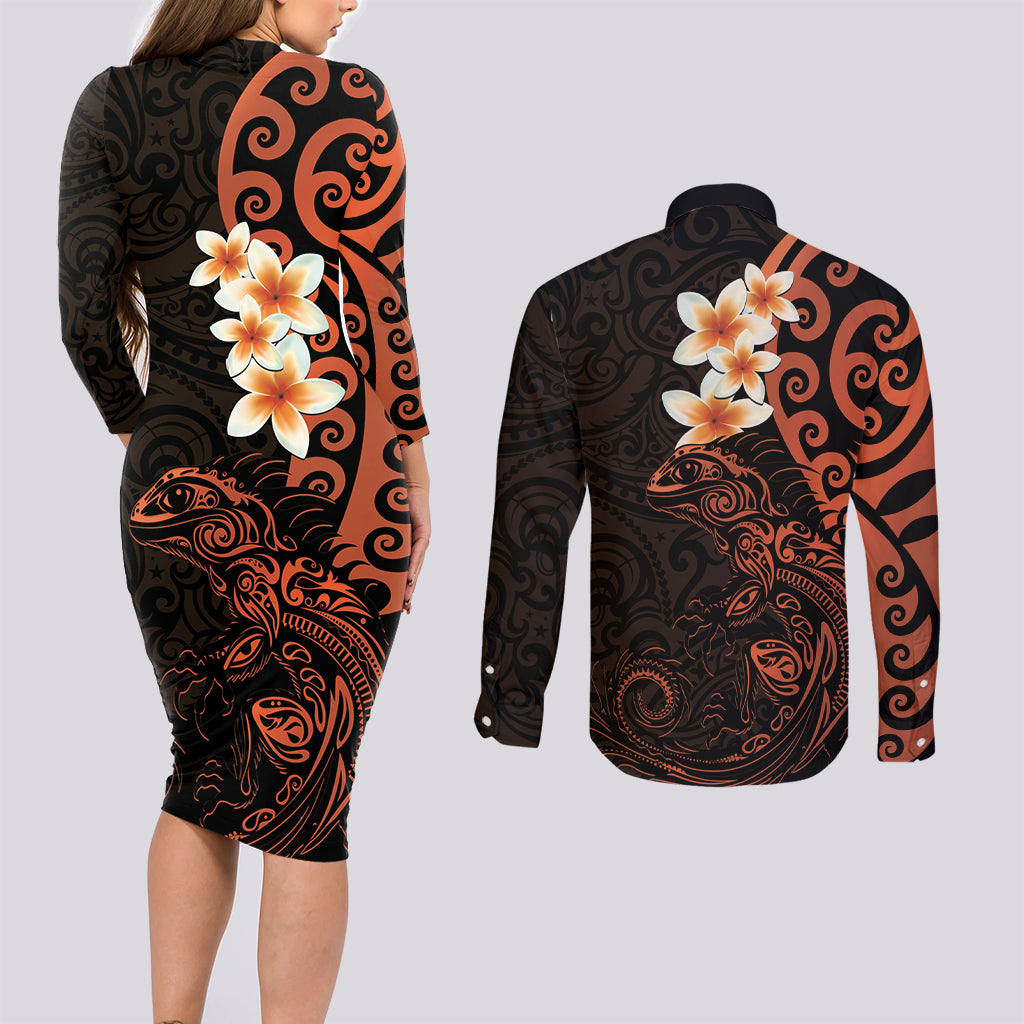 New Zealand Tuatara Plumeria Couples Matching Long Sleeve Bodycon Dress and Long Sleeve Button Shirt Maori Orange Koru Tribal Tattoo LT01 - Polynesian Pride