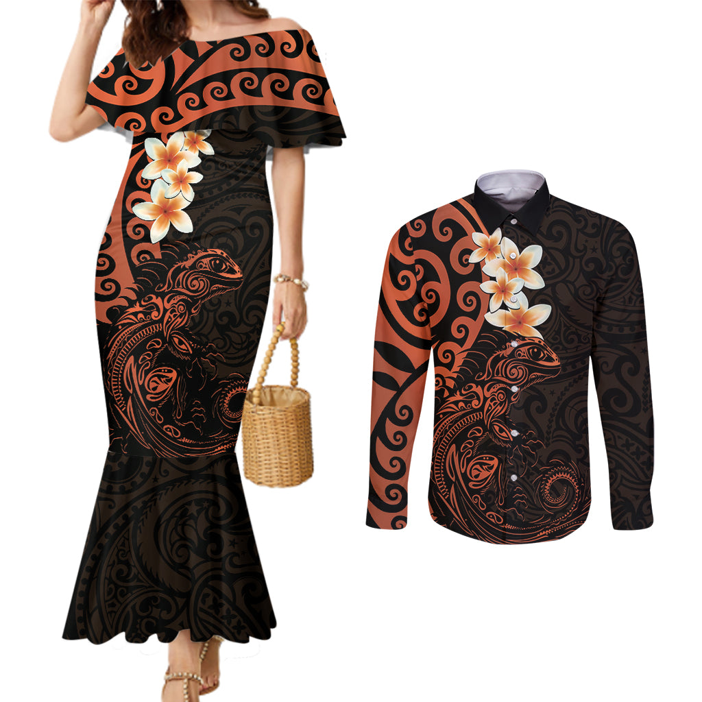 New Zealand Tuatara Plumeria Couples Matching Mermaid Dress and Long Sleeve Button Shirt Maori Orange Koru Tribal Tattoo LT01 Orange - Polynesian Pride