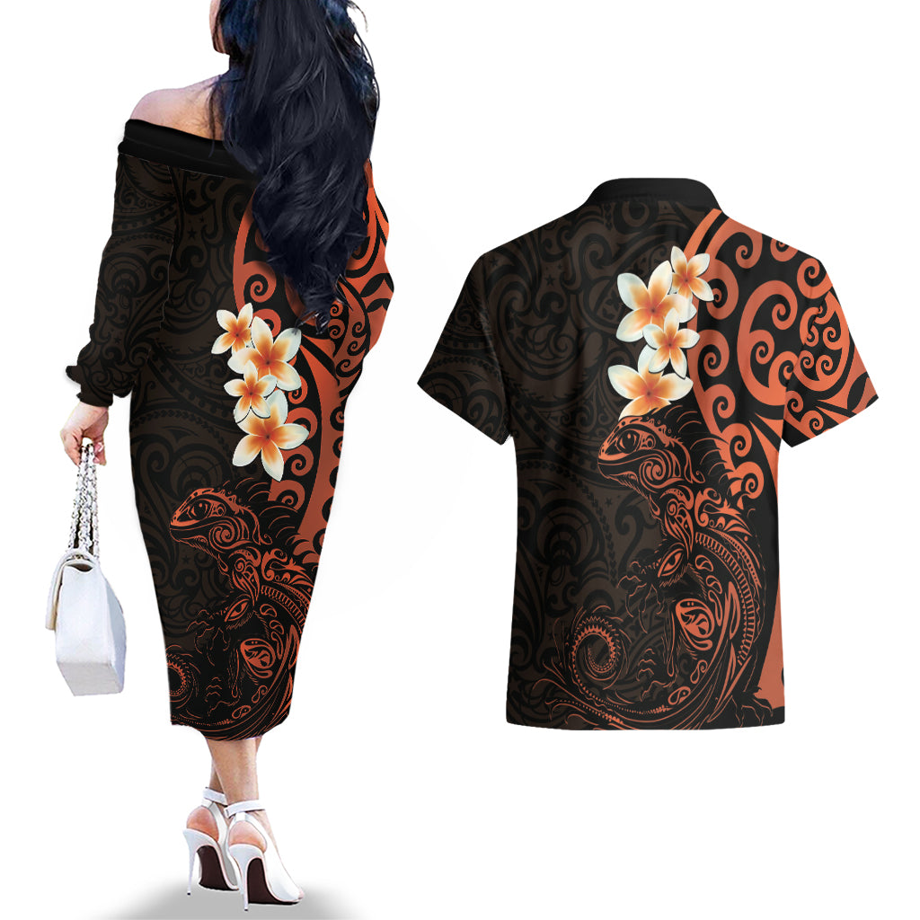 New Zealand Tuatara Plumeria Couples Matching Off The Shoulder Long Sleeve Dress and Hawaiian Shirt Maori Orange Koru Tribal Tattoo LT01 - Polynesian Pride