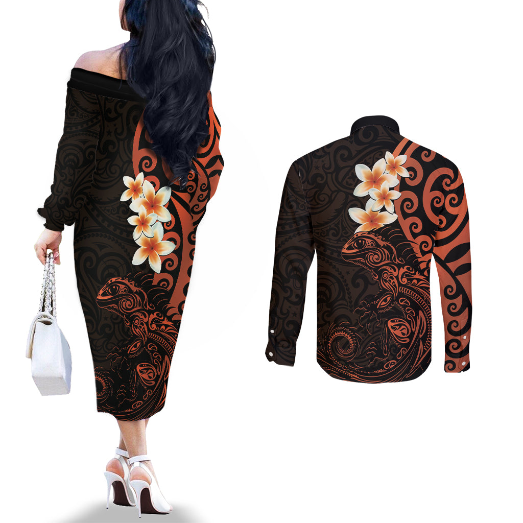 New Zealand Tuatara Plumeria Couples Matching Off The Shoulder Long Sleeve Dress and Long Sleeve Button Shirt Maori Orange Koru Tribal Tattoo LT01 - Polynesian Pride