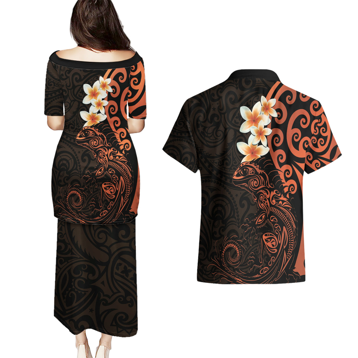 New Zealand Tuatara Plumeria Couples Matching Puletasi and Hawaiian Shirt Maori Orange Koru Tribal Tattoo LT01 - Polynesian Pride