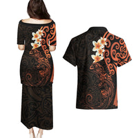 New Zealand Tuatara Plumeria Couples Matching Puletasi and Hawaiian Shirt Maori Orange Koru Tribal Tattoo LT01 - Polynesian Pride