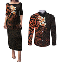 New Zealand Tuatara Plumeria Couples Matching Puletasi and Long Sleeve Button Shirt Maori Orange Koru Tribal Tattoo LT01 Orange - Polynesian Pride