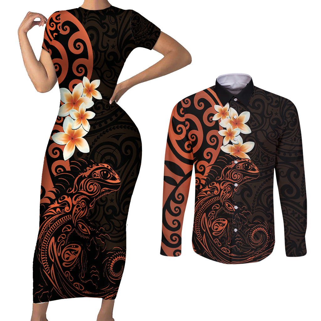New Zealand Tuatara Plumeria Couples Matching Short Sleeve Bodycon Dress and Long Sleeve Button Shirt Maori Orange Koru Tribal Tattoo