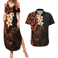 New Zealand Tuatara Plumeria Couples Matching Summer Maxi Dress and Hawaiian Shirt Maori Orange Koru Tribal Tattoo LT01 Orange - Polynesian Pride