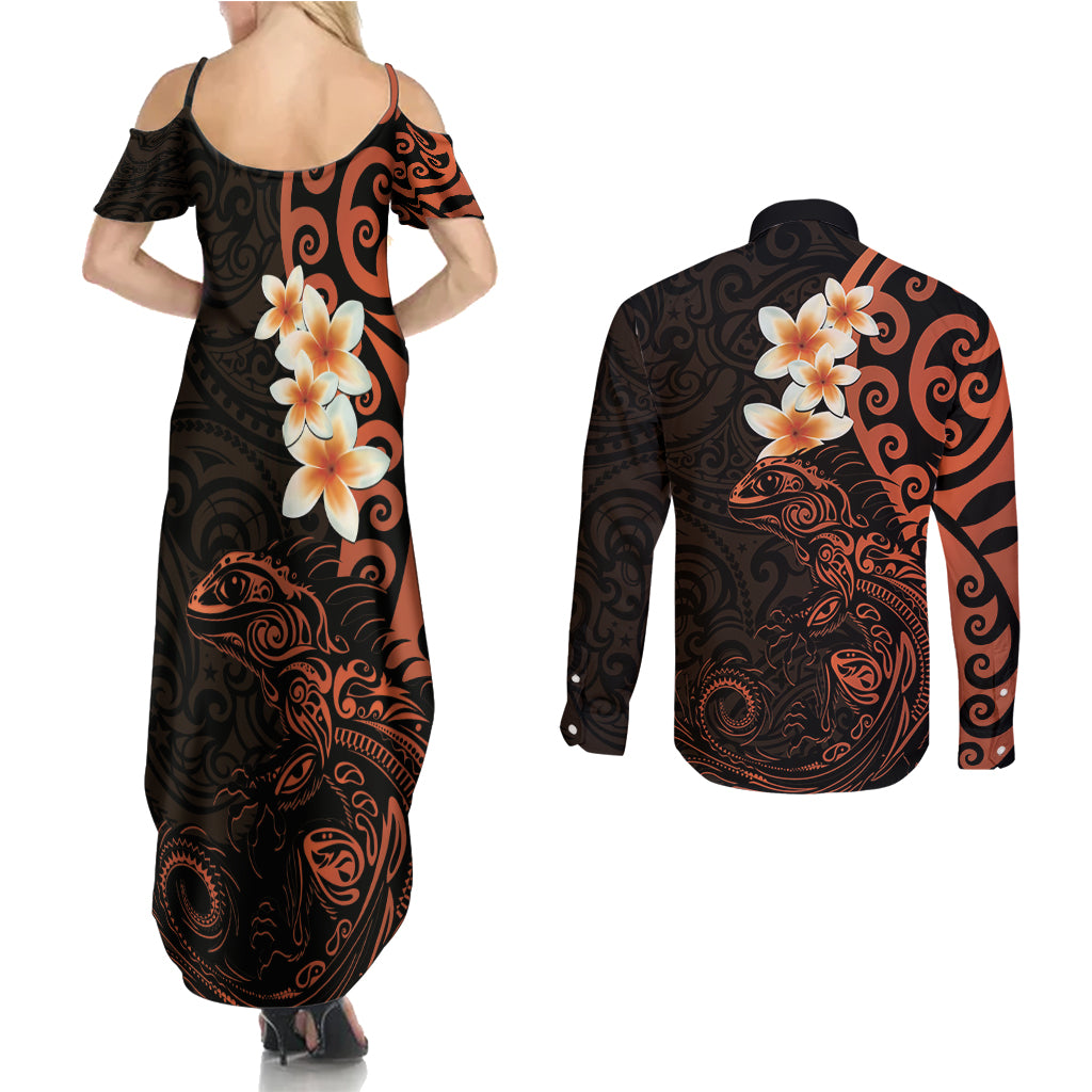 New Zealand Tuatara Plumeria Couples Matching Summer Maxi Dress and Long Sleeve Button Shirt Maori Orange Koru Tribal Tattoo LT01 - Polynesian Pride