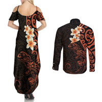 New Zealand Tuatara Plumeria Couples Matching Summer Maxi Dress and Long Sleeve Button Shirt Maori Orange Koru Tribal Tattoo LT01 - Polynesian Pride