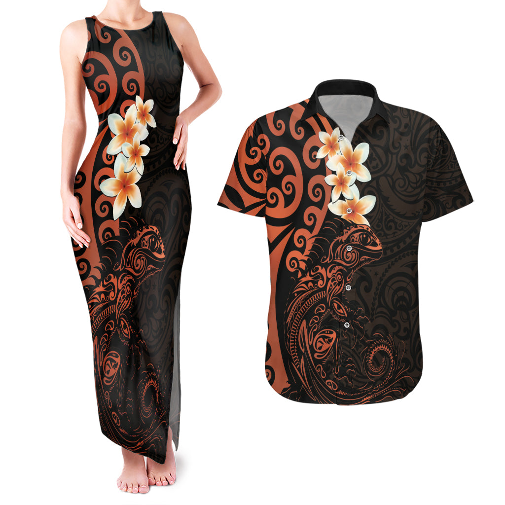 New Zealand Tuatara Plumeria Couples Matching Tank Maxi Dress and Hawaiian Shirt Maori Orange Koru Tribal Tattoo LT01 Orange - Polynesian Pride