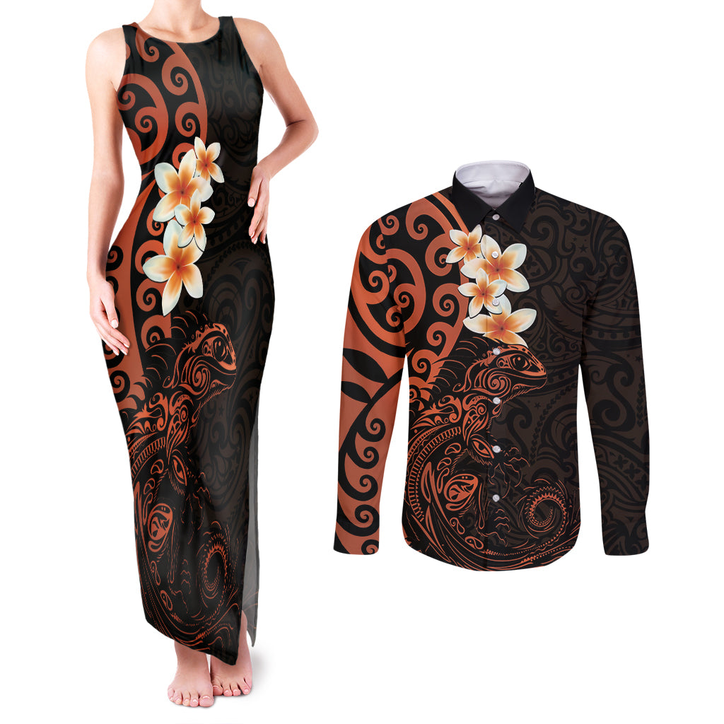 New Zealand Tuatara Plumeria Couples Matching Tank Maxi Dress and Long Sleeve Button Shirt Maori Orange Koru Tribal Tattoo