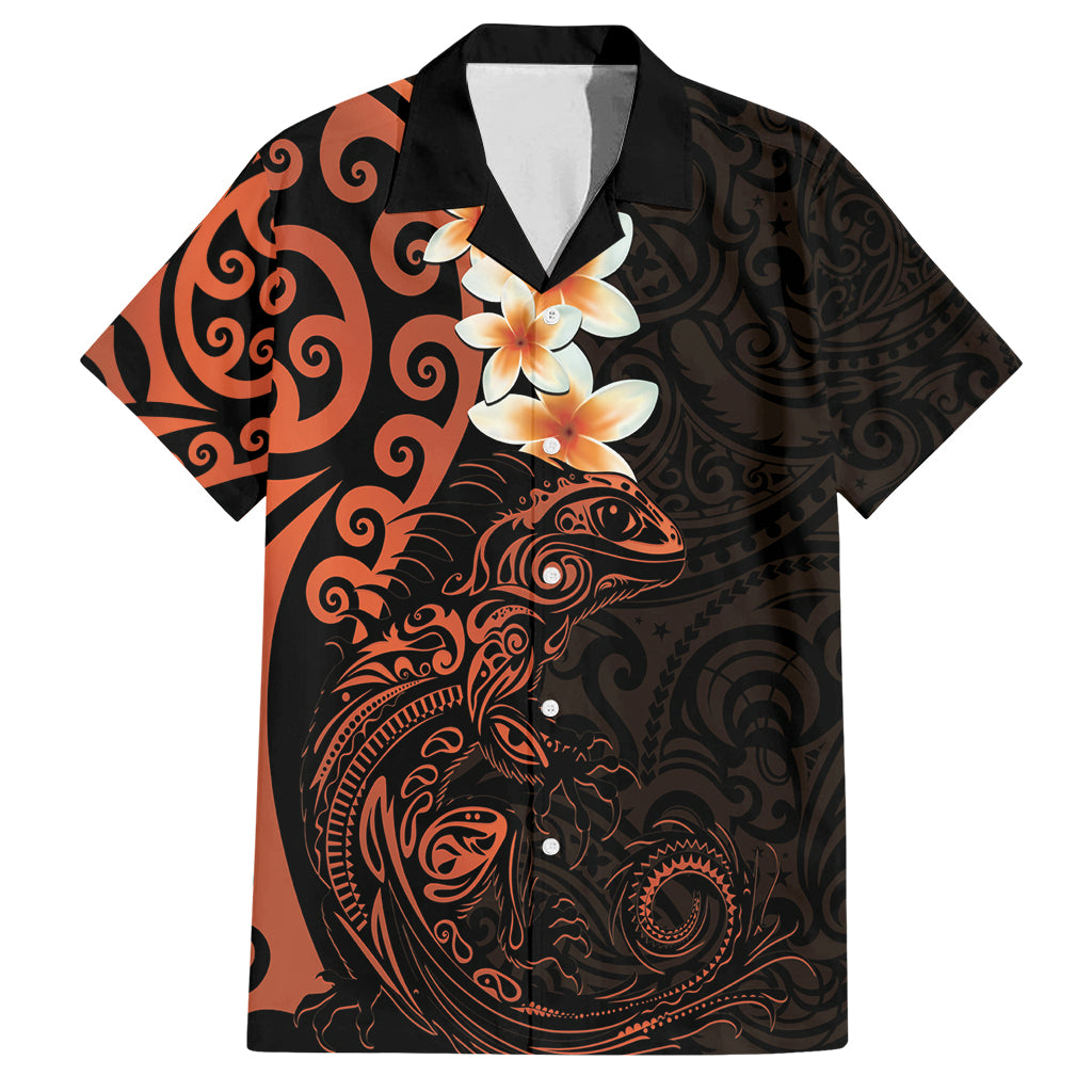 New Zealand Tuatara Plumeria Family Matching Long Sleeve Bodycon Dress and Hawaiian Shirt Maori Orange Koru Tribal Tattoo LT01 Dad's Shirt - Short Sleeve Orange - Polynesian Pride