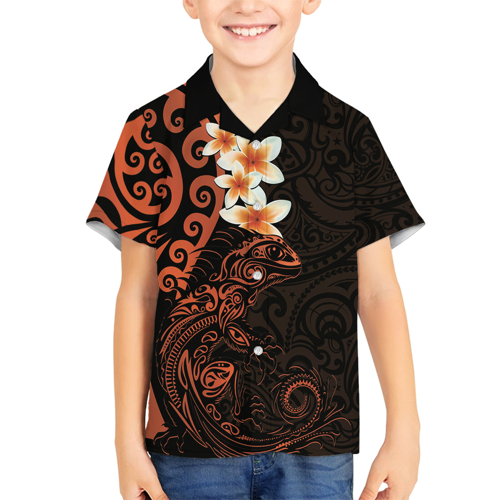 New Zealand Tuatara Plumeria Family Matching Long Sleeve Bodycon Dress and Hawaiian Shirt Maori Orange Koru Tribal Tattoo LT01 Son's Shirt Orange - Polynesian Pride