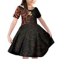 New Zealand Tuatara Plumeria Family Matching Mermaid Dress and Hawaiian Shirt Maori Orange Koru Tribal Tattoo LT01 Daughter's Dress Orange - Polynesian Pride