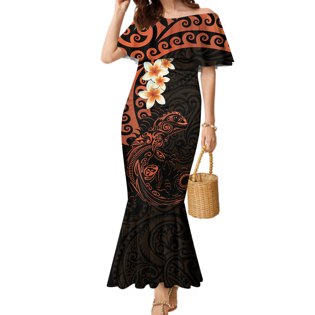 New Zealand Tuatara Plumeria Family Matching Mermaid Dress and Hawaiian Shirt Maori Orange Koru Tribal Tattoo LT01 Mom's Dress Orange - Polynesian Pride
