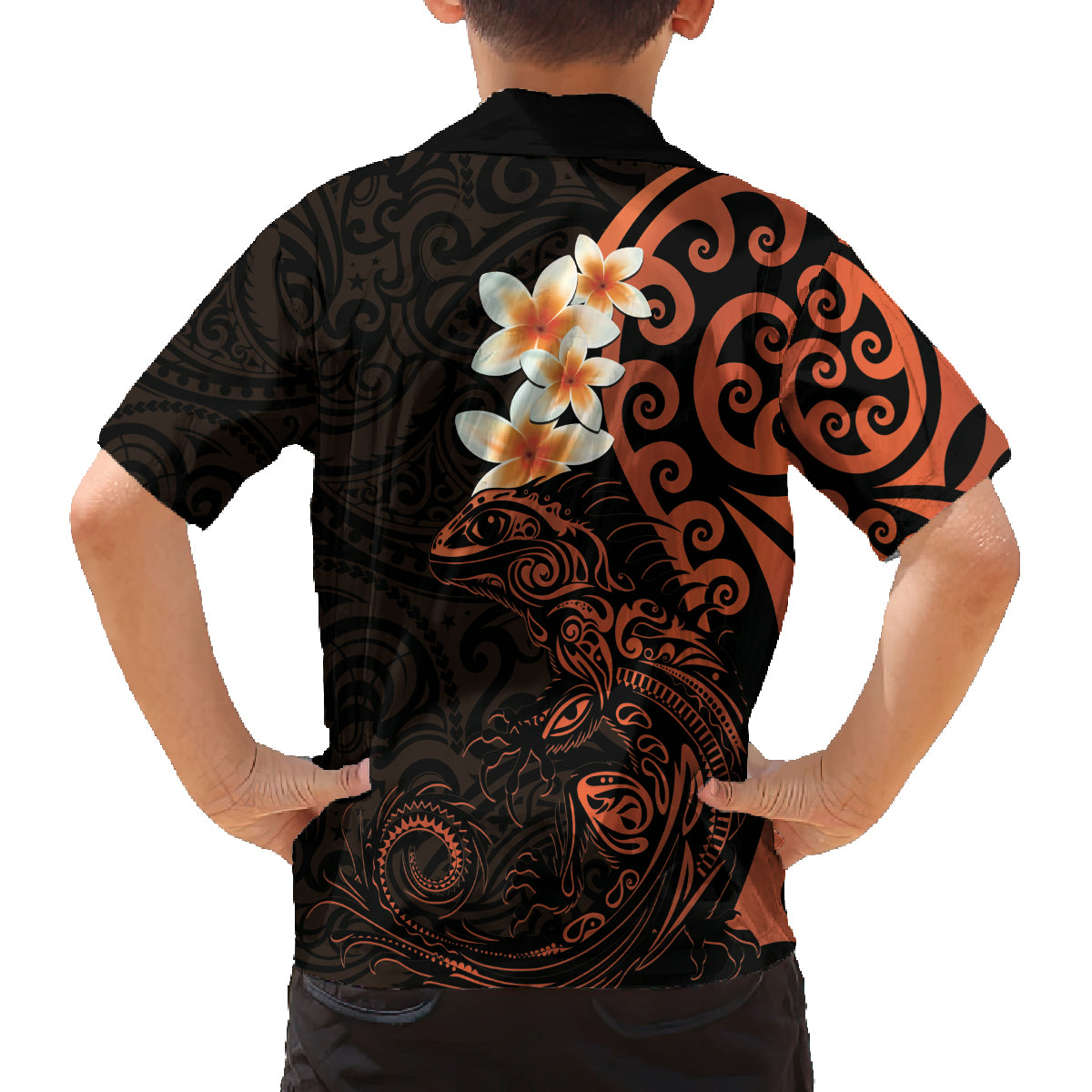 New Zealand Tuatara Plumeria Family Matching Off The Shoulder Long Sleeve Dress and Hawaiian Shirt Maori Orange Koru Tribal Tattoo LT01 - Polynesian Pride