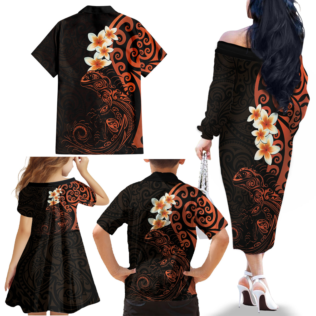 New Zealand Tuatara Plumeria Family Matching Off The Shoulder Long Sleeve Dress and Hawaiian Shirt Maori Orange Koru Tribal Tattoo LT01 - Polynesian Pride