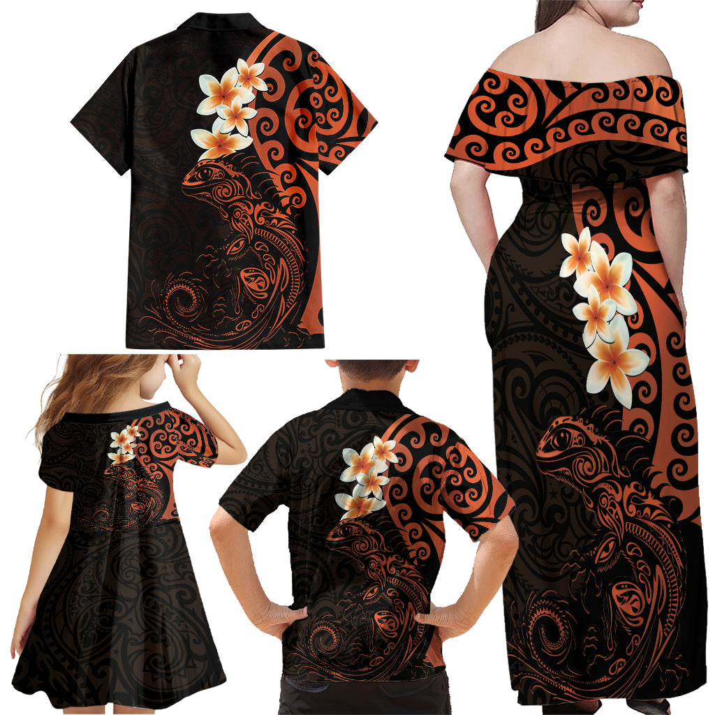 New Zealand Tuatara Plumeria Family Matching Off Shoulder Maxi Dress and Hawaiian Shirt Maori Orange Koru Tribal Tattoo LT01 - Polynesian Pride