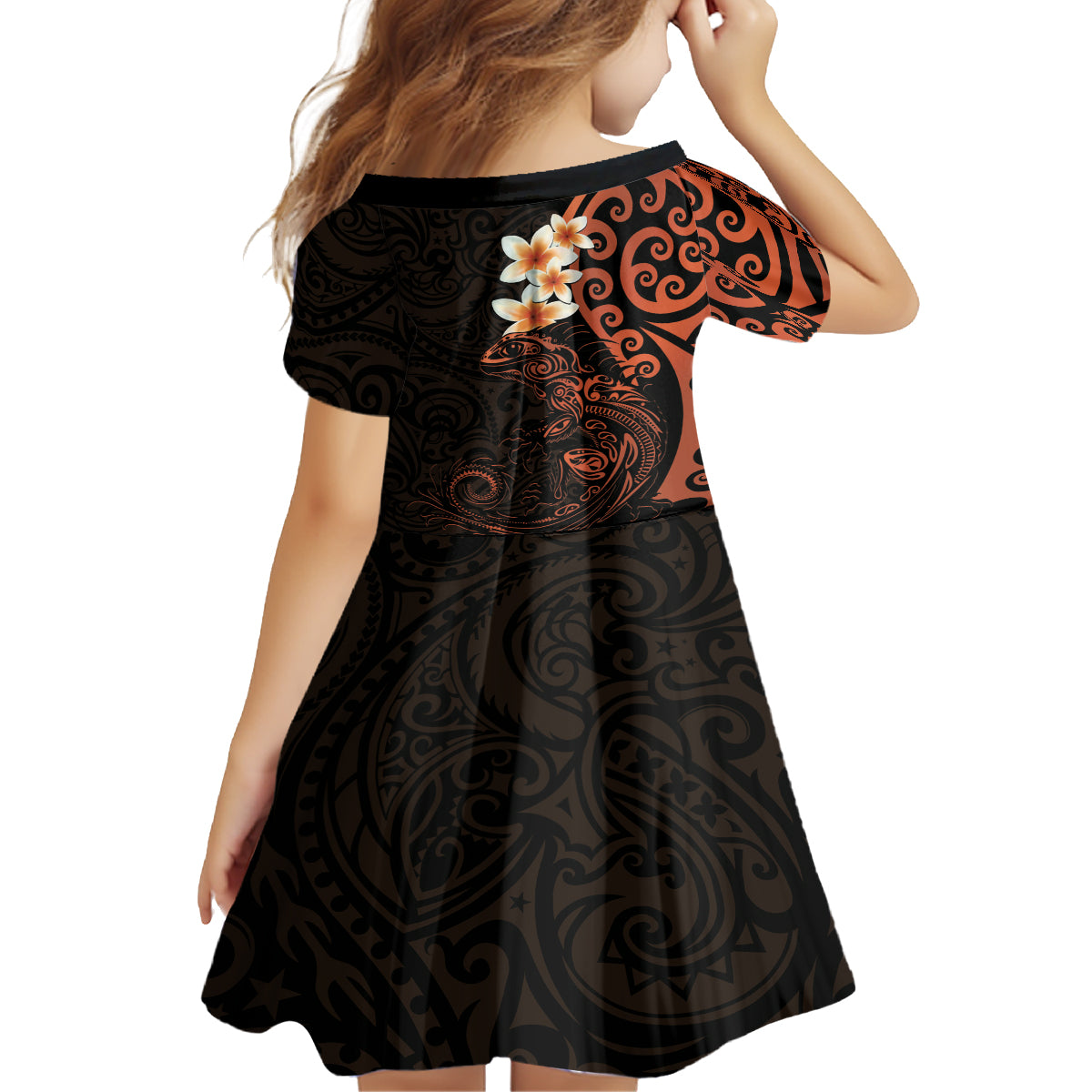 New Zealand Tuatara Plumeria Family Matching Puletasi and Hawaiian Shirt Maori Orange Koru Tribal Tattoo LT01 - Polynesian Pride