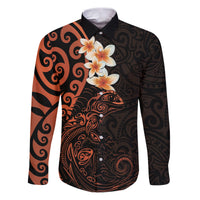 New Zealand Tuatara Plumeria Family Matching Puletasi and Hawaiian Shirt Maori Orange Koru Tribal Tattoo LT01 Dad's Shirt - Long Sleeve Orange - Polynesian Pride