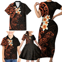 New Zealand Tuatara Plumeria Family Matching Short Sleeve Bodycon Dress and Hawaiian Shirt Maori Orange Koru Tribal Tattoo LT01 - Polynesian Pride