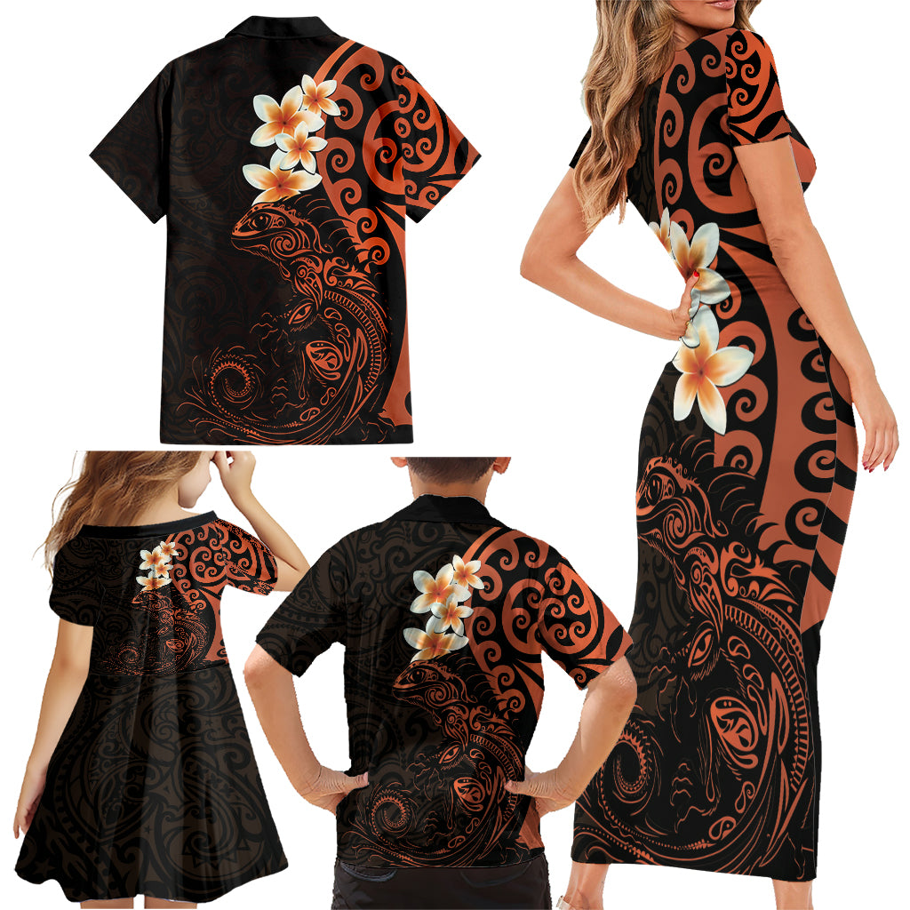 New Zealand Tuatara Plumeria Family Matching Short Sleeve Bodycon Dress and Hawaiian Shirt Maori Orange Koru Tribal Tattoo LT01 - Polynesian Pride