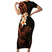 New Zealand Tuatara Plumeria Family Matching Short Sleeve Bodycon Dress and Hawaiian Shirt Maori Orange Koru Tribal Tattoo LT01 Mom's Dress Orange - Polynesian Pride
