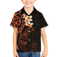New Zealand Tuatara Plumeria Family Matching Short Sleeve Bodycon Dress and Hawaiian Shirt Maori Orange Koru Tribal Tattoo LT01 Son's Shirt Orange - Polynesian Pride