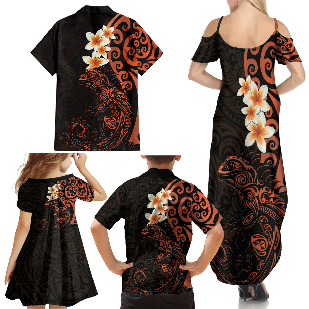 New Zealand Tuatara Plumeria Family Matching Summer Maxi Dress and Hawaiian Shirt Maori Orange Koru Tribal Tattoo LT01 - Polynesian Pride